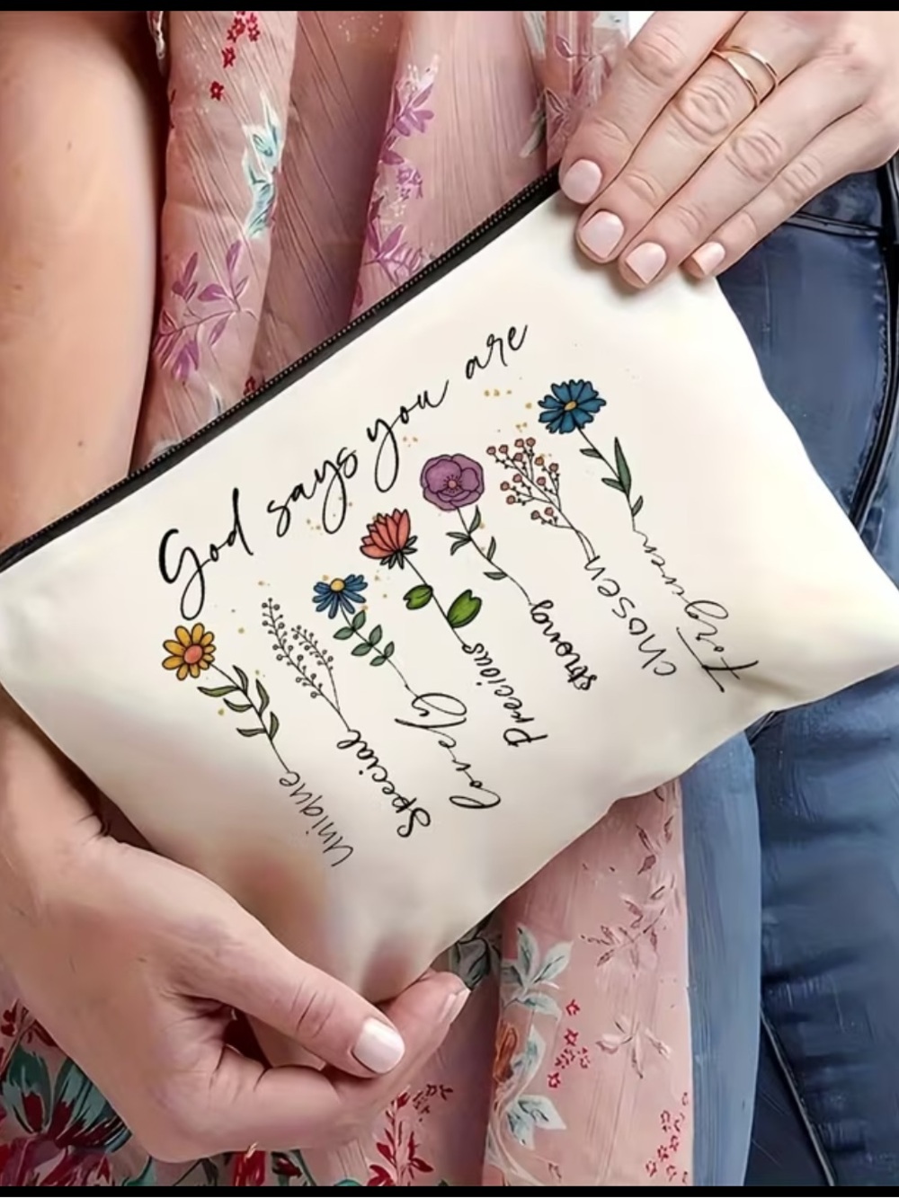 Floral 'God Says You Are' Zipper Pouch - Multicolor